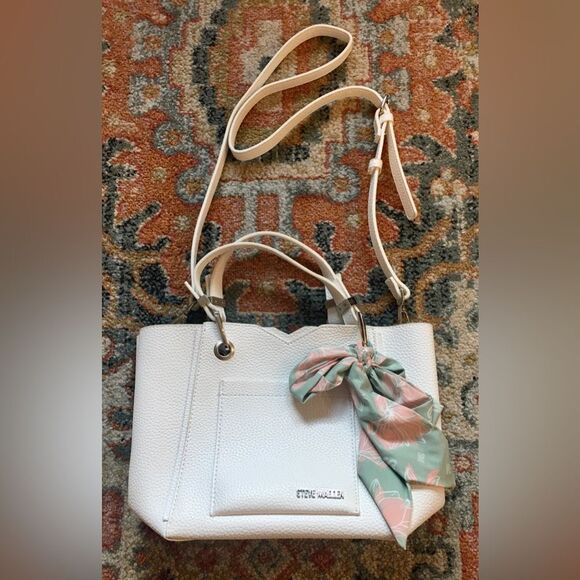 STEVE MADDEN Parker White Faux Leather Crossbody Adjustable Strap Scarf Totebag - Picture 4 of 7